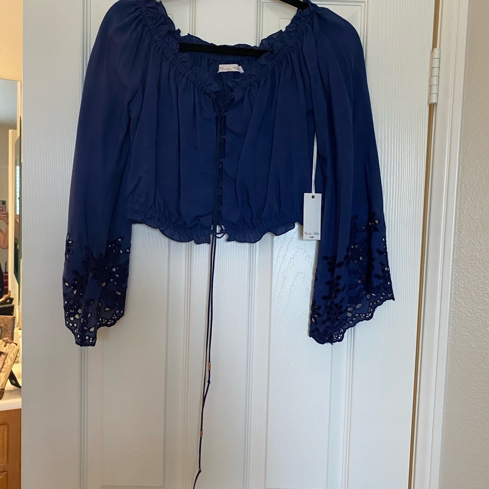 Blue Crop Blouse with Bell Sleeves and Tie Front